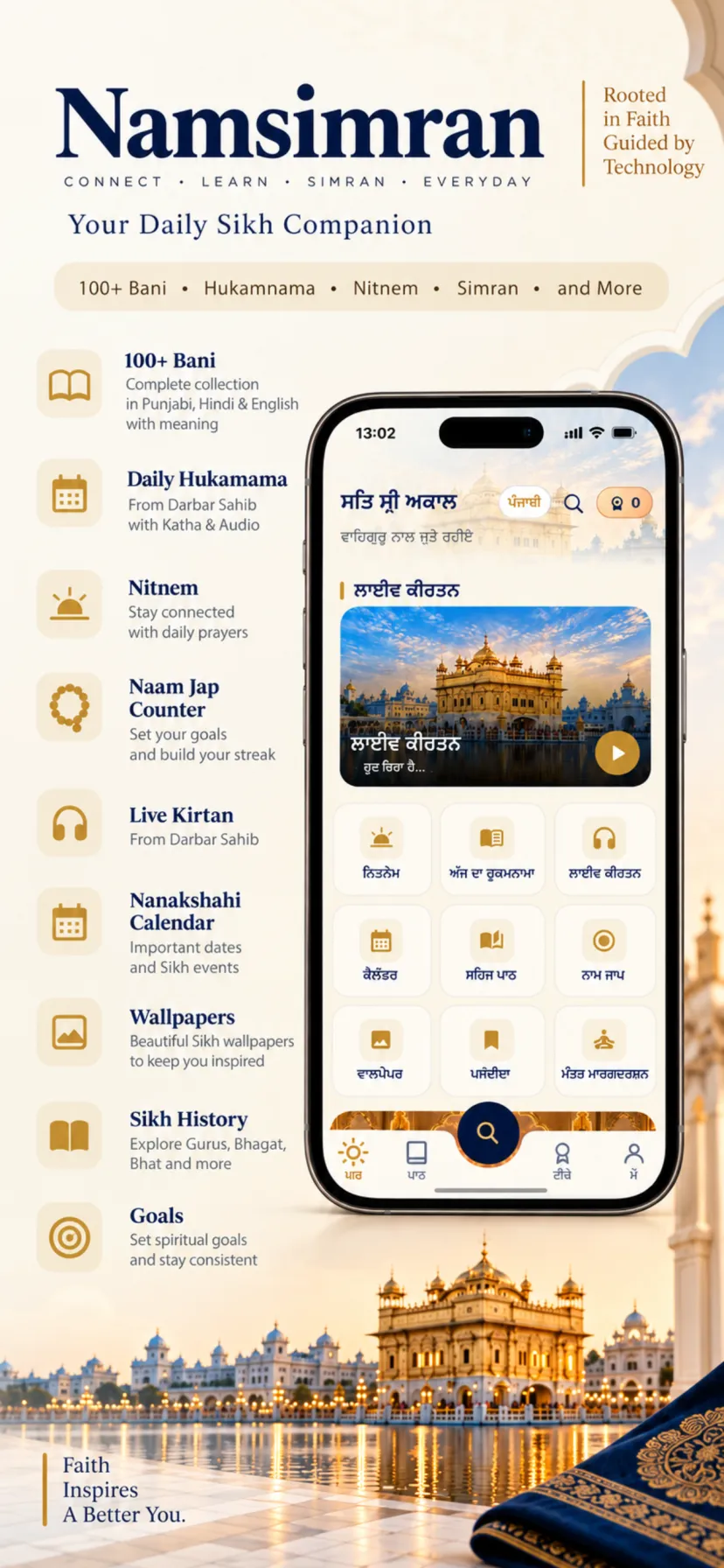 NamSimran Sikh app feature overview — Bani, Hukamnama, Nitnem, Naam Jap, Live Kirtan, Nanakshahi Calendar, wallpapers, Sikh history and goals